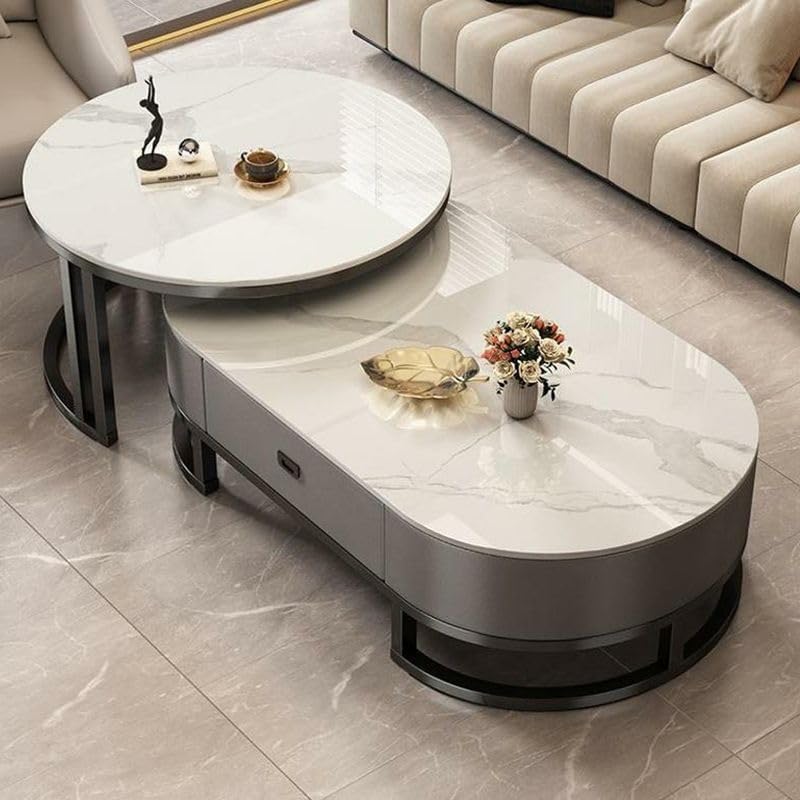 Ovaler Couchtisch aus Stein, 2er-Set, Wohnzimmer-Mitteltisch mit Schublade, Beistelltisch aus Glas, Schwarz/Grau – Grau, (99,9 cm L x 49,9 cm B x 40,6