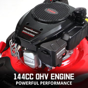 View 21-inch gas-powered lawn mower, equipped with a 144cc four-stroke all-terrain engine, featuring both crushing and side-discharge functions, with adjustable cutting height ranging from 6 positions. image 4