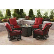 View 5-Piece Steel Patio Fire Pit Conversation Set with Navy Blue Cushions, Swivel Gliders and Square Fire Pit Table image 3