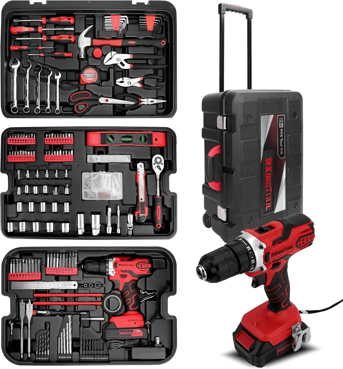 Home Tool Set Kit - 286 PCS Home Auto Repair Tool Kit with Rolling Tool Box, Mechanic Tool Sets with 21V Max Cordless Power drill, Perfect for