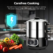 View 2 stainless steel food steamers, 8.5 liters capacity, electric glass-covered vegetable steamer, double-layer stackable steaming basket, with timer included image 6