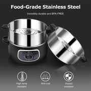 View 2 stainless steel food steamers, 8.5 liters capacity, electric glass-covered vegetable steamer, double-layer stackable steaming basket, with timer included image 4