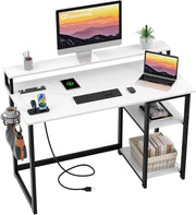 View 47 inch Computer Desk with Power Outlets, Small Home Office Desk with Ergonomic Monitor Stand, Reversible Gaming Desk, Modern Study Desk, Laptop Desk, White image 4