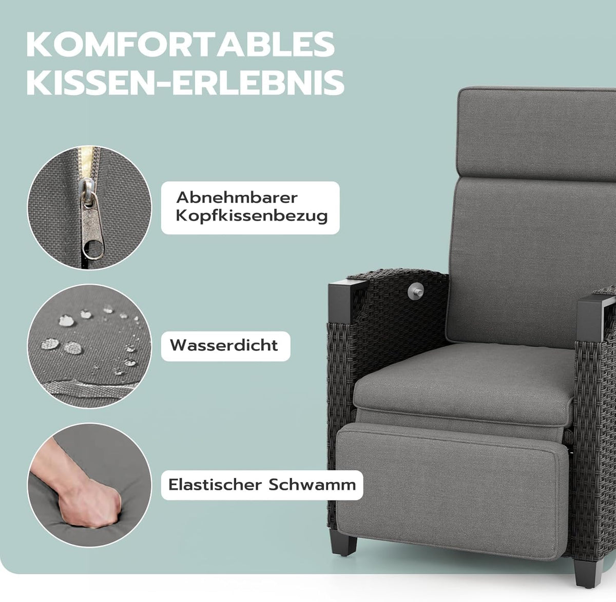 UDPATIO Sillón Ratán Jardin Exterior Reclinable, Tumbona de Jardín Ajustable 150°, con Respaldo Ajustable, Fundas + Extraíbles Cojines, Impermeable,