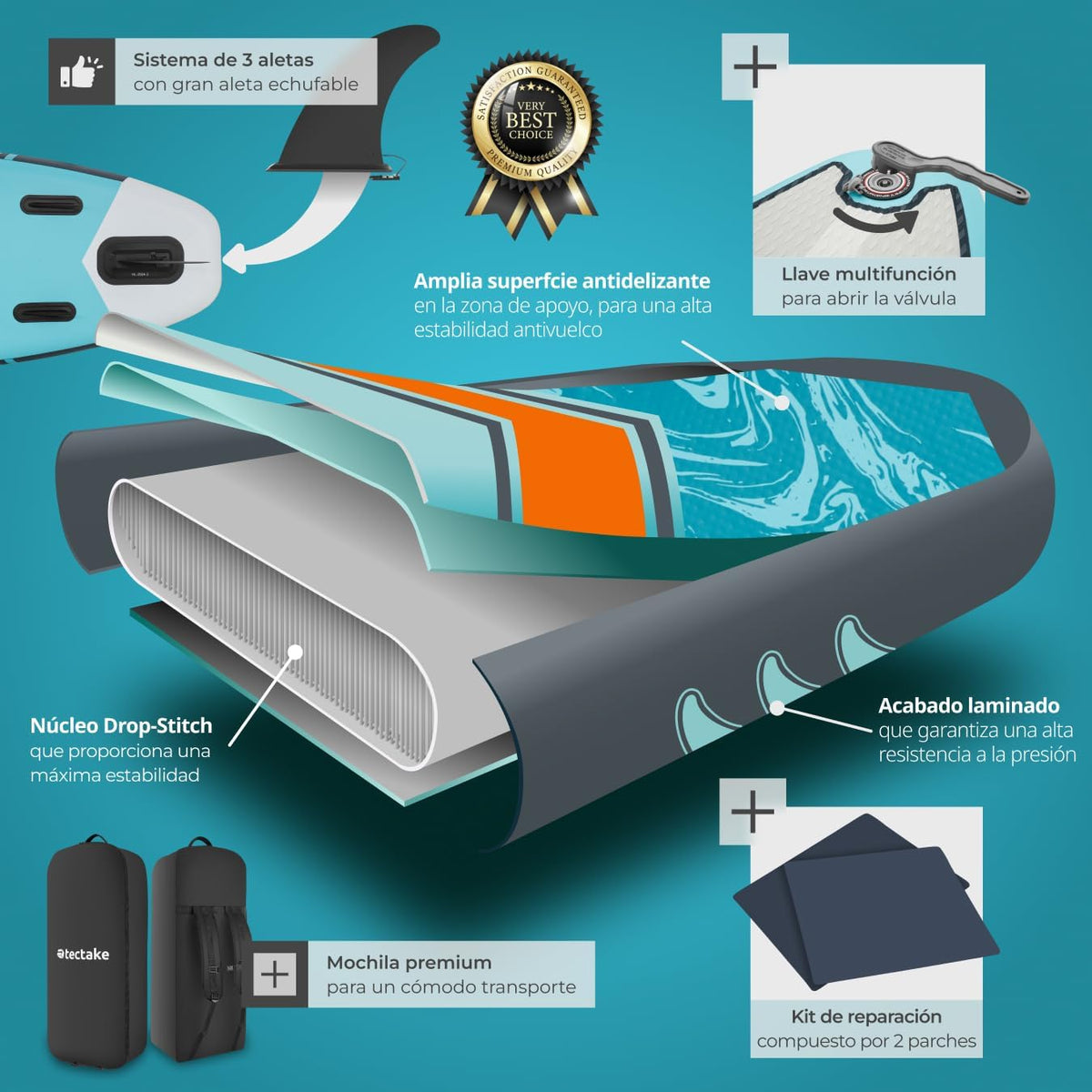tectake Tabla de Paddle Surf Hinchable, Incluye Remo 2 en 1, Asiento de Kayak, Bomba de Aire, Mochila de Transporte, Stand Up Paddle, Accesorios