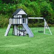 View Backyard Discovery Canyon Creek Cedar Wood Swing Set with Wave Slide, Clubhouse, Play Kitchen, Picnic Area, Belt Swings, Web Swing, Rock Wall, image 1