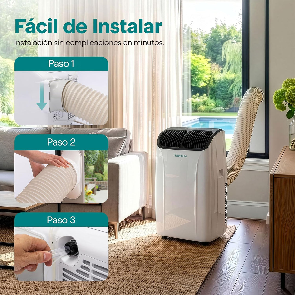 SereneLife Aire Acondicionado Portátil 14000 BTU con WiFi, Climatizador 3 en 1 Frío, Ventilación y Deshumidificador, Smart con Kit de Ventana, para