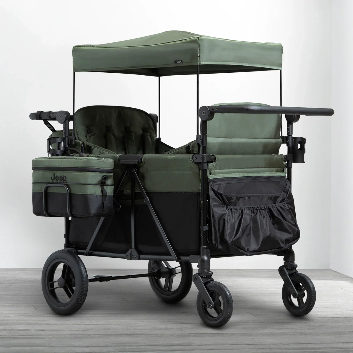 Carrito-Paseador Jeep Wrangler Deluxe para 4 Niños – Capota Desmontable, Bolsa Térmica, Asientos Modulares, Almacenamiento XXL, Ruedas Antipinchazos,