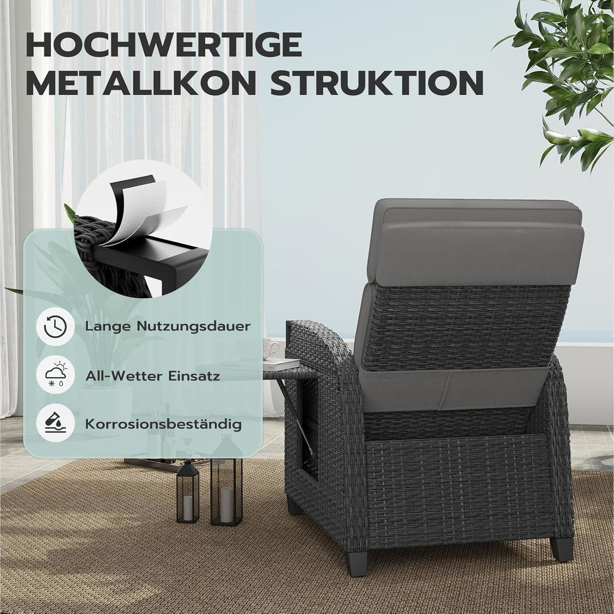 UDPATIO Sillón Ratán Jardin Exterior Reclinable, Tumbona de Jardín Ajustable 150°, con Respaldo Ajustable, Fundas + Extraíbles Cojines, Impermeable,