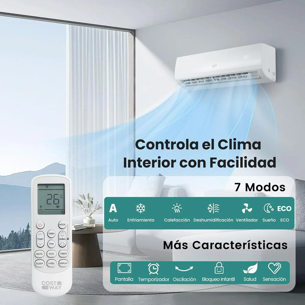 COSTWAY Aire Acondicionado Split, 2,6 kW, Aire Acondicionado con Calefacción con Bomba de Calor,Refrigerante: R32, Calefactor y Refrigerador con Kit