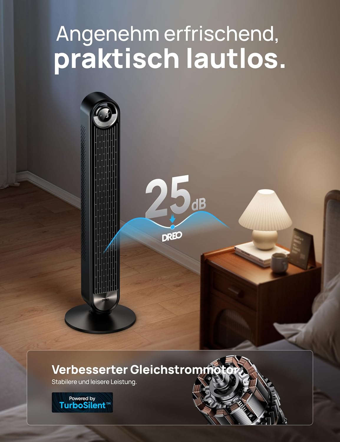 DREO 25 dB Leiser Smart Turmventilator, 106cm Höhe 4 Modi 9-Geschwindigkeit Max 7,9m/s 12H Timer 90° Oszillierender Ventilator mit Fernbedienung