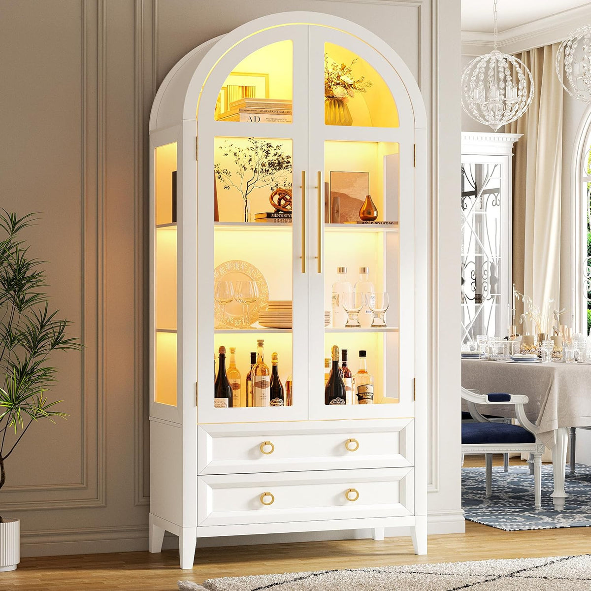 LVSOMT Gewölbte Glasvitrine mit LED Beleuchtung, 180cm Vitrinenschrank mit Glastüren, Bogen Vitrine mit 4 Display Regale und 2 Schubladen, 3 Farbe