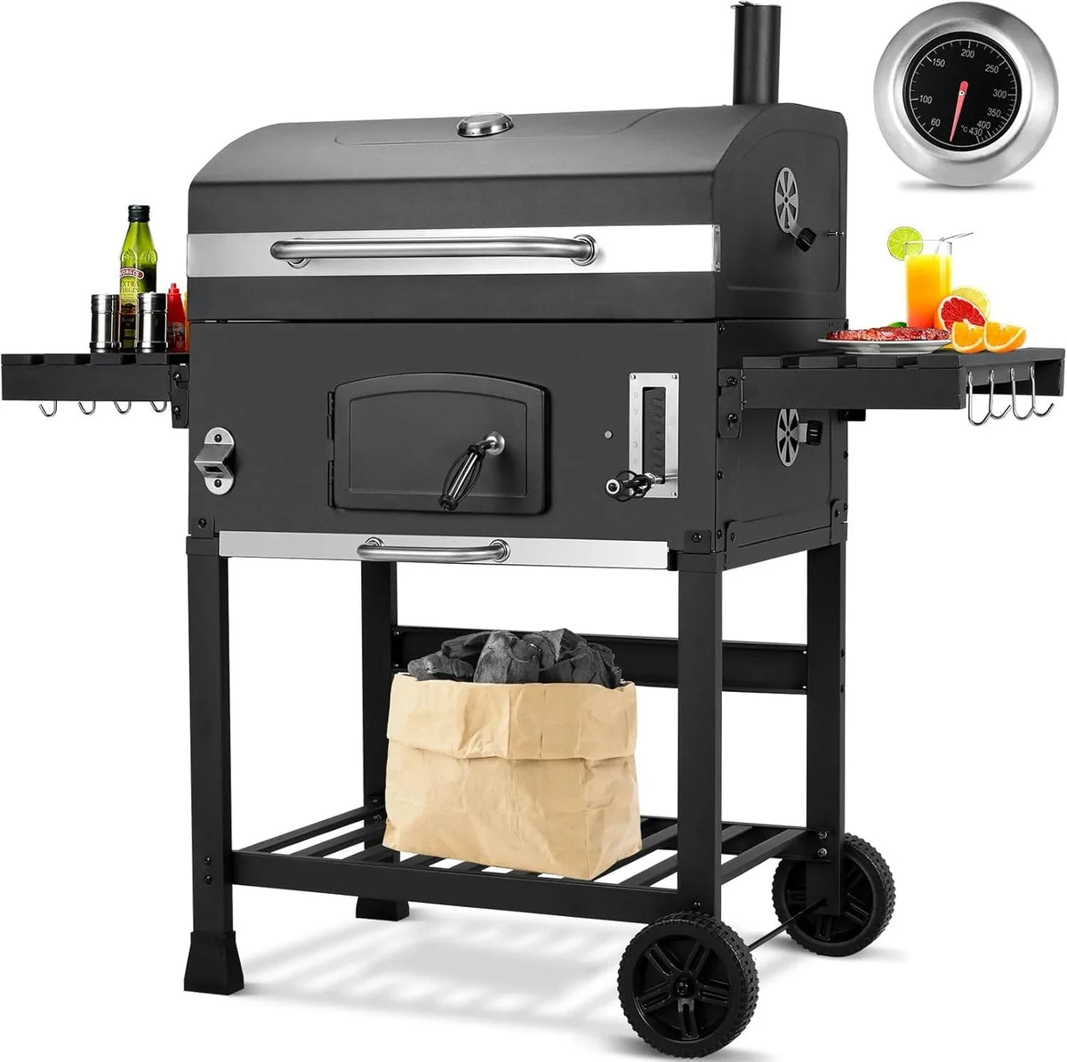 Barbacoa de Carbon XXL, Parrilla de Carbón con Chimenea y Tapa, Parrilla con Carrito BBQ Smoker con Ruedas y Termómetro, Grande BBQ Carbon para