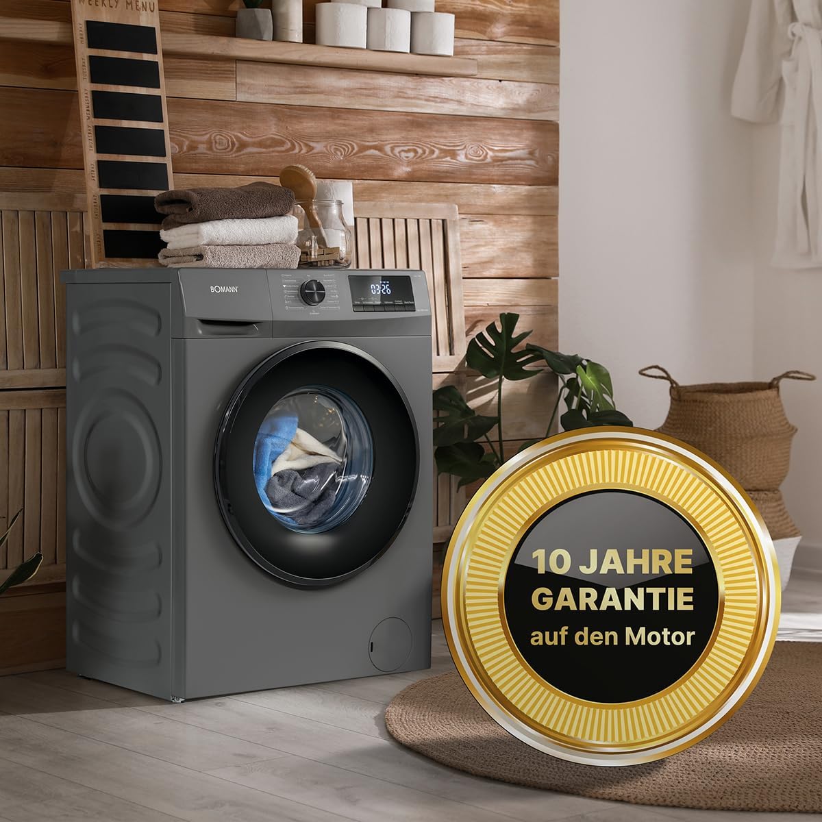 Bomann Waschmaschine 8kg | max. 1400 U/min | 10 Jahre Motor-Garantie | robuster, leiser & langlebiger Invertermotor | 15 Waschprogramme | LED-Display