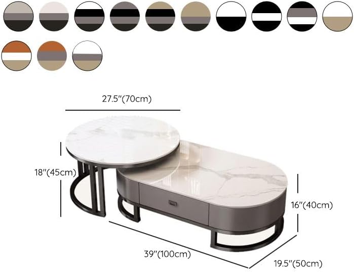 Ovaler Couchtisch aus Stein, 2er-Set, Wohnzimmer-Mitteltisch mit Schublade, Beistelltisch aus Glas, Schwarz/Grau – Grau, (99,9 cm L x 49,9 cm B x 40,6