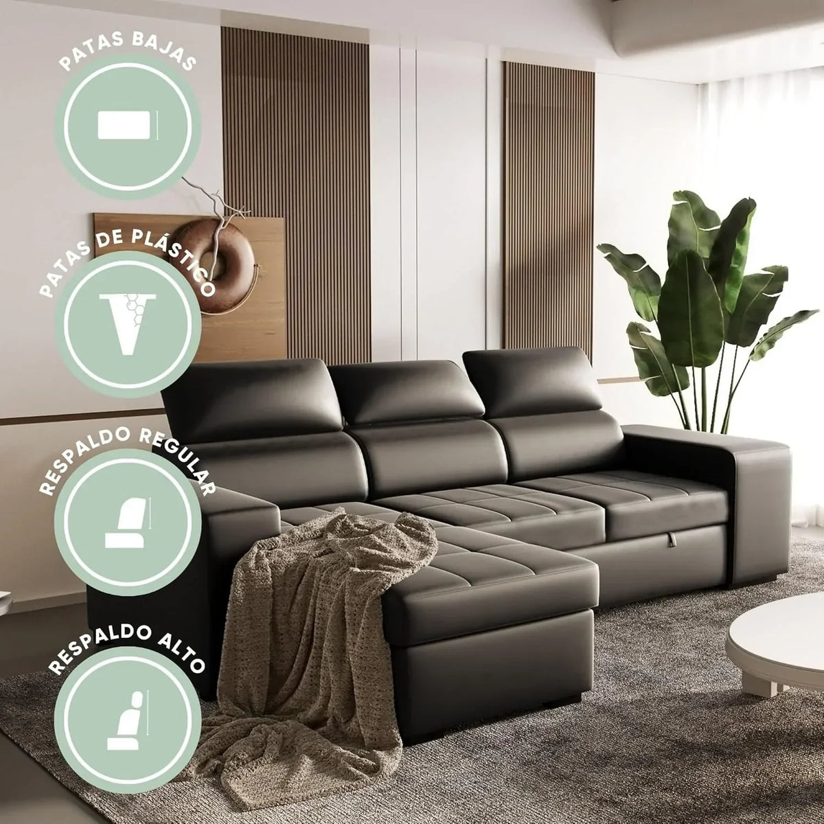 BUDWING John Sofá Cama Esquinero 4 Plazas - Chaise Longue Reversible, Reposacabezas Ajustable y 2 Pufs – Tapizado en Poliuretano – Estilo Moderno –