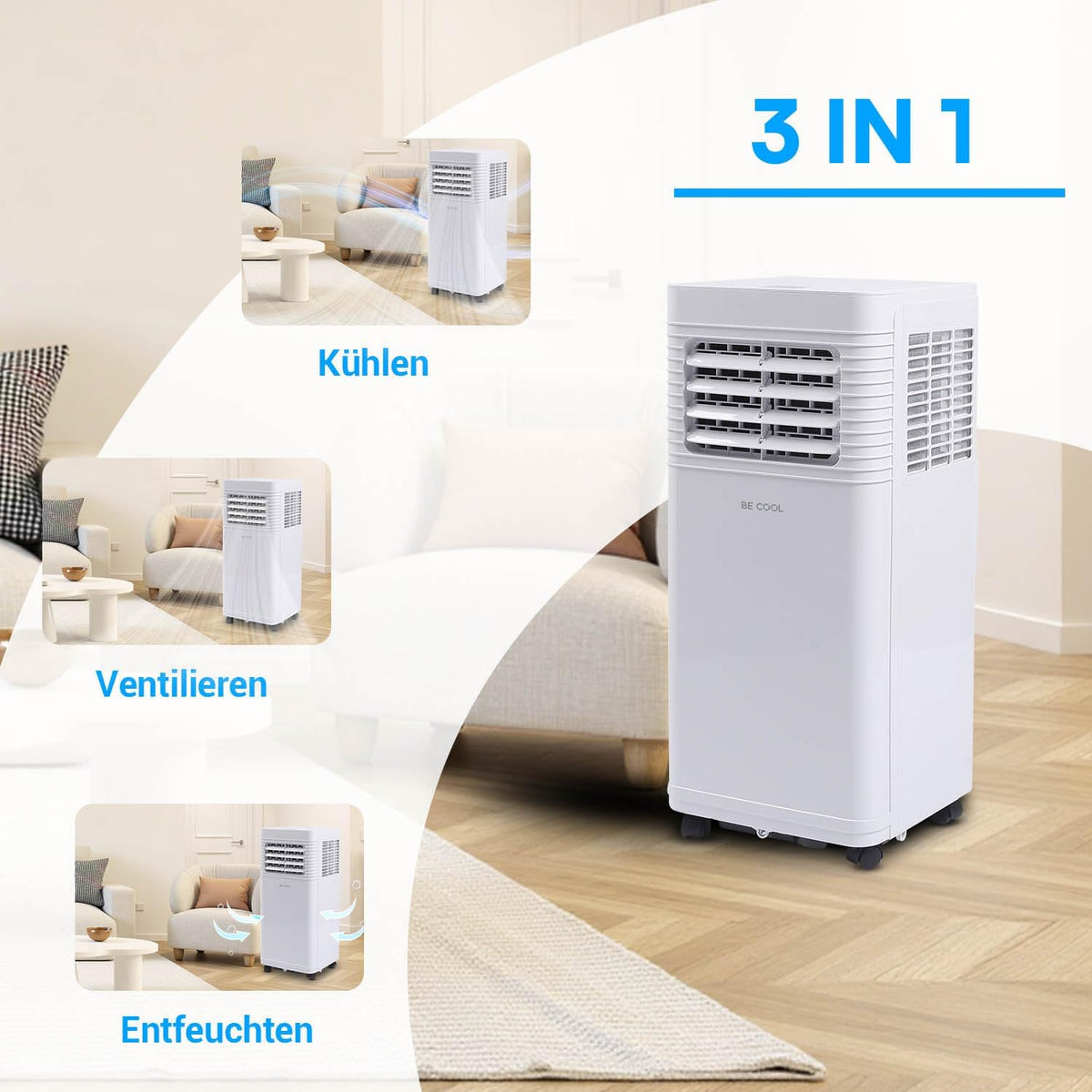 BE COOL Mobiles Klimagerät 7000 BTU mit WLAN, 3in1 Klimaanlage zum Kühlen, Entfeuchten & Lüften, für Räume bis 24 m², Fernbedienung, Timer,