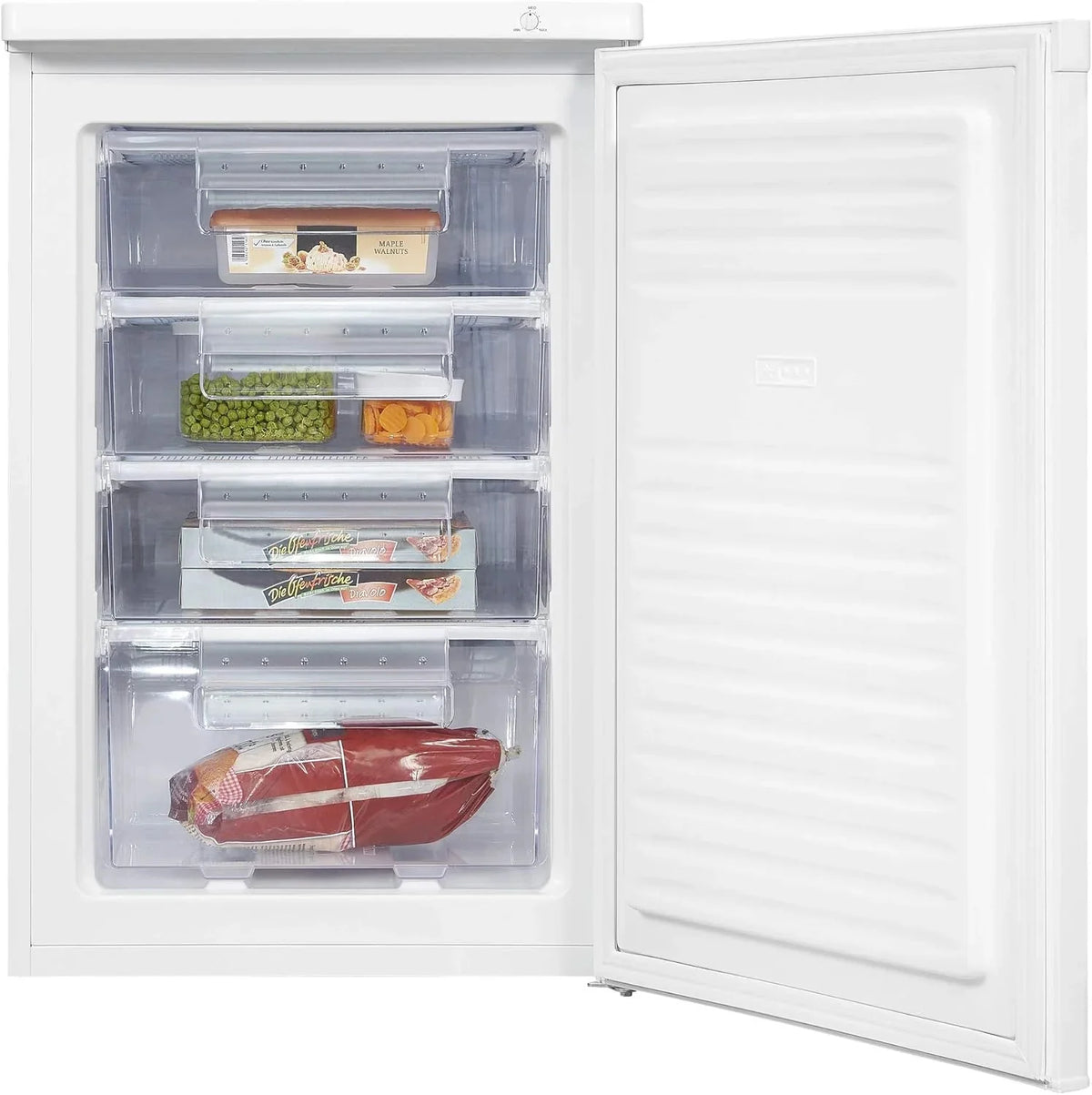 Exquisit Congelador Table Top 91L, Color Blanco, Clase E, Congelador 4 Estrellas, 4 Cajones Transparentes, Puerta Reversible, Control de Temperatura,
