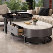 View Ovaler Couchtisch aus Stein, 2er-Set, Wohnzimmer-Mitteltisch mit Schublade, Beistelltisch aus Glas, Schwarz/Grau – Grau, (99,9 cm L x 49,9 cm B x 40,6 image 3