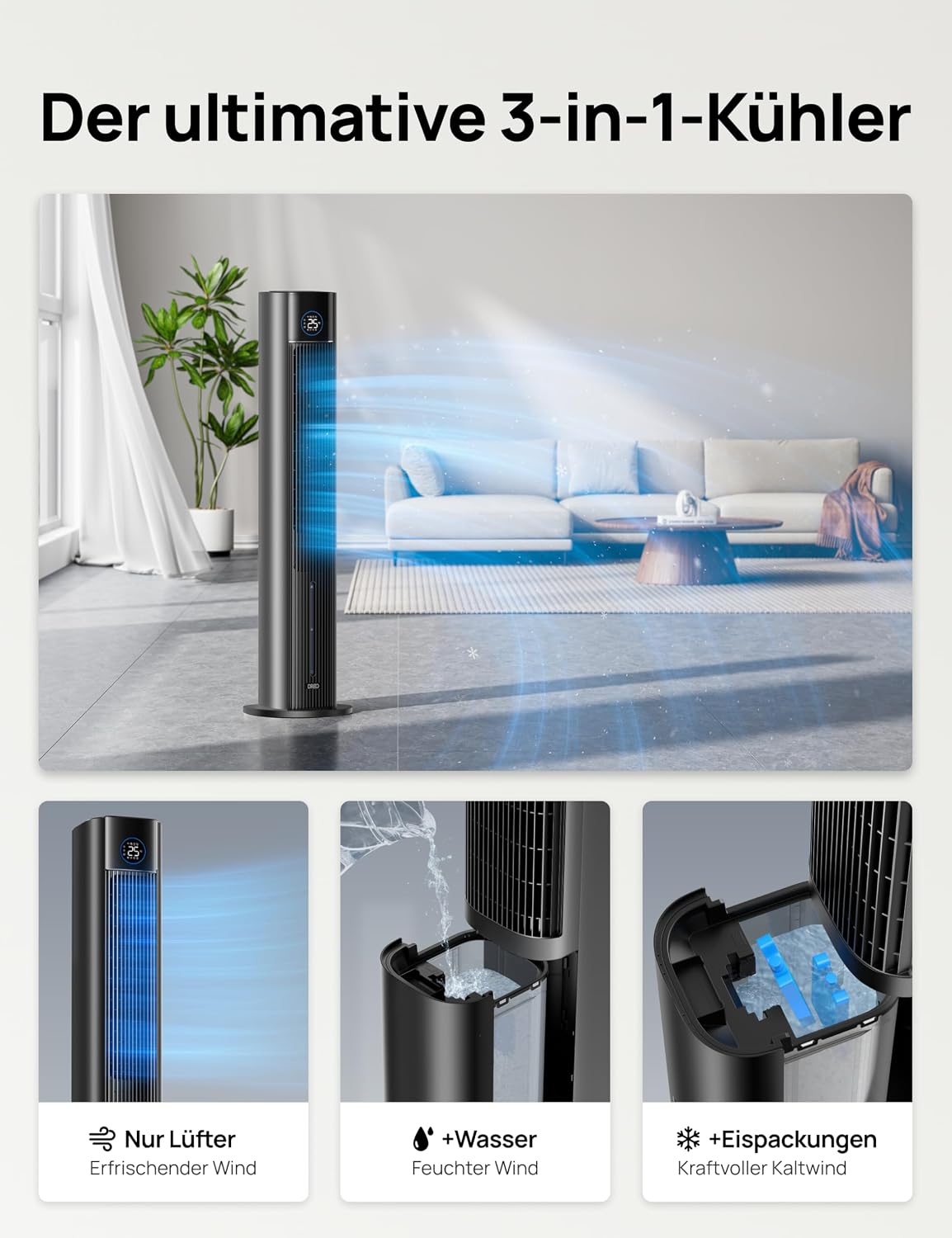 DREO Turmventilator mit Wasserkühlung, 110 cm Luftkühler mit Wasserkühlung Leise, 4-Geschwindigkeiten-4-Modi Verdunstungskühler, APP-Steuerung,