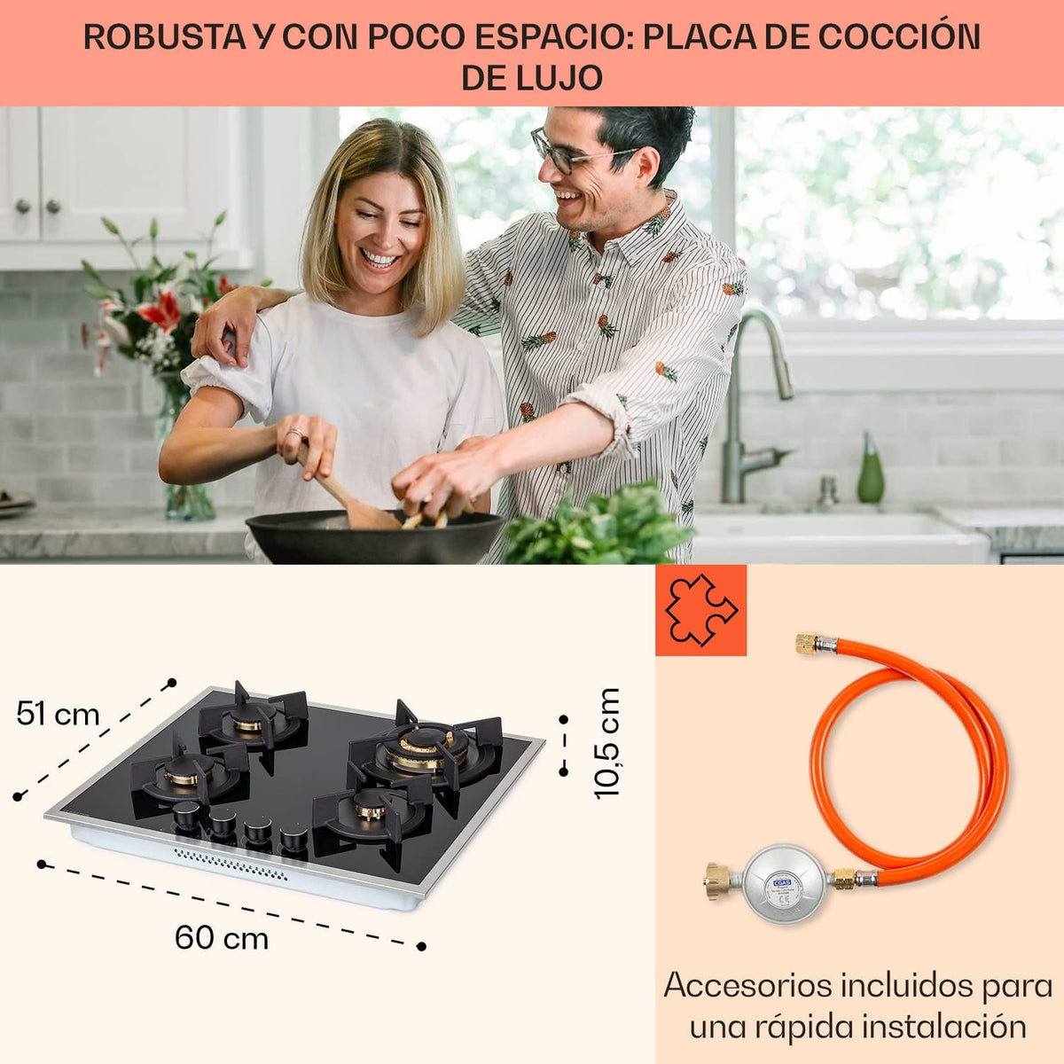 Klarstein Cocina de Gas Butano, Placa de Gas 4 Fuegos 8000W, Placa Vitroceramica Gas Integrada para Cocina, Placa Gas Butano de Diseño, Encimera Gas