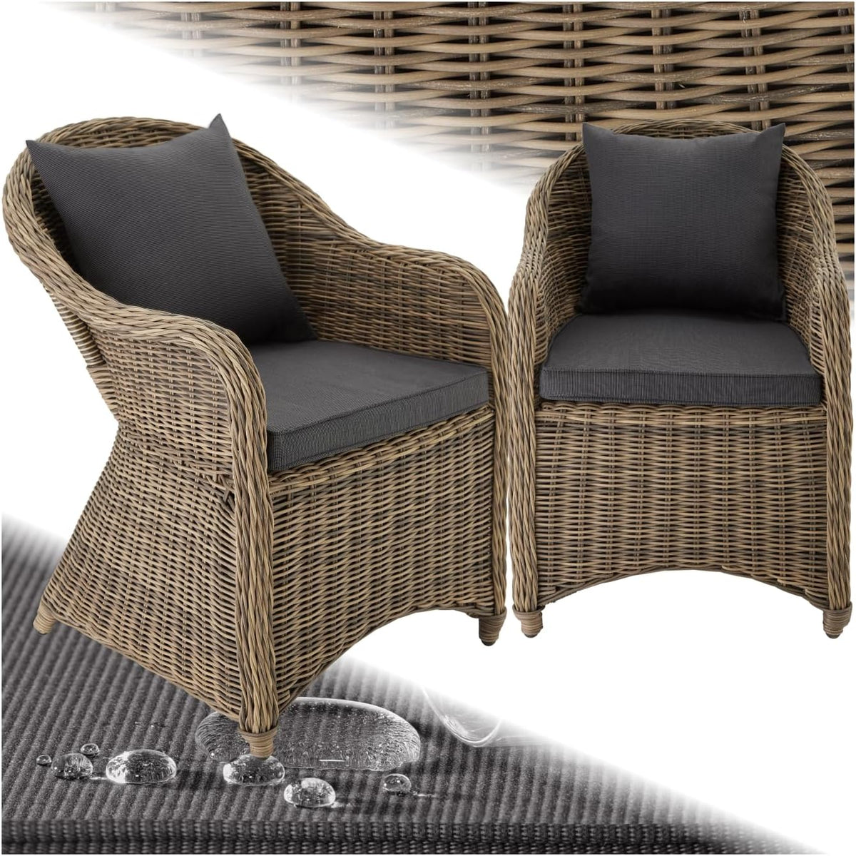 tectake Alu Polyrattan Gartenstuhl 2er Set, Gartenmöbel Set mit 2 Sessel, wetterfest, Rattan Gartensessel mit weichen Sitzpolster, abziehbarer und