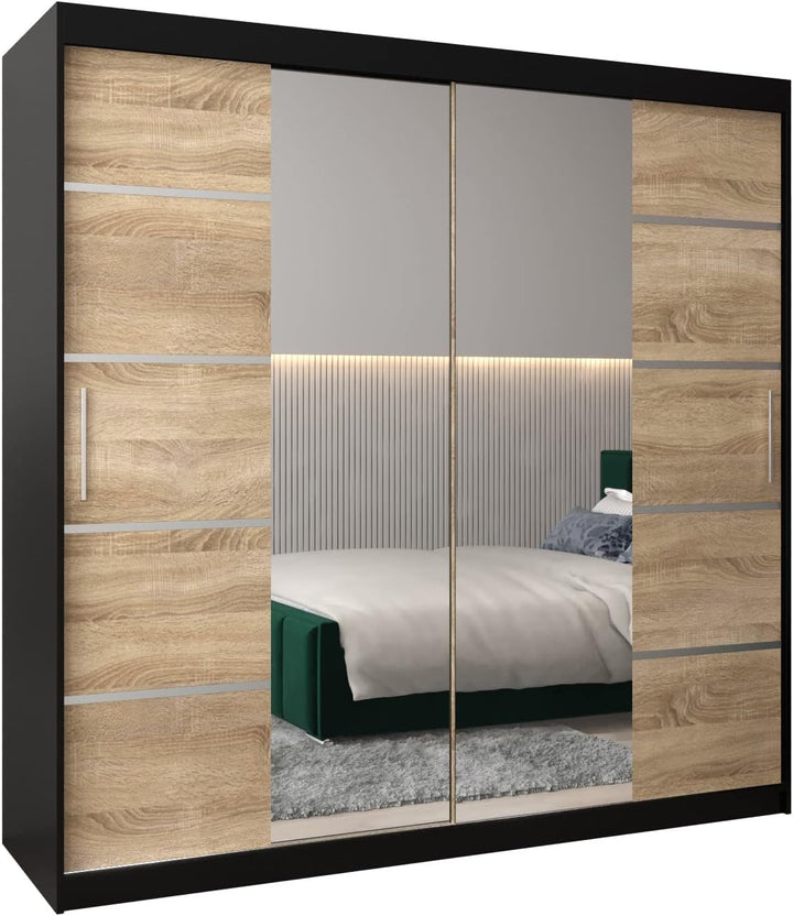 ABIKSMEBLE Verona 4 200 Bedroom Wardrobe with Three Sliding Doors – Modern Storage Cabinet with Mirror, Coat Rack and Shelves – 200 x 200 x 62 cm –