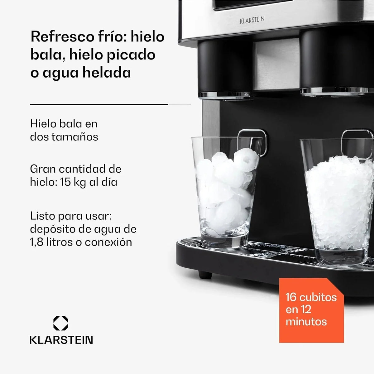 Klarstein Maquina de Hielo Doméstica, 1,8L, Gris oscuro, Ice Maker Encimera 15 kg, para Hacer Cubitos de Hielo y Picado en Casa, con Panel Táctil y