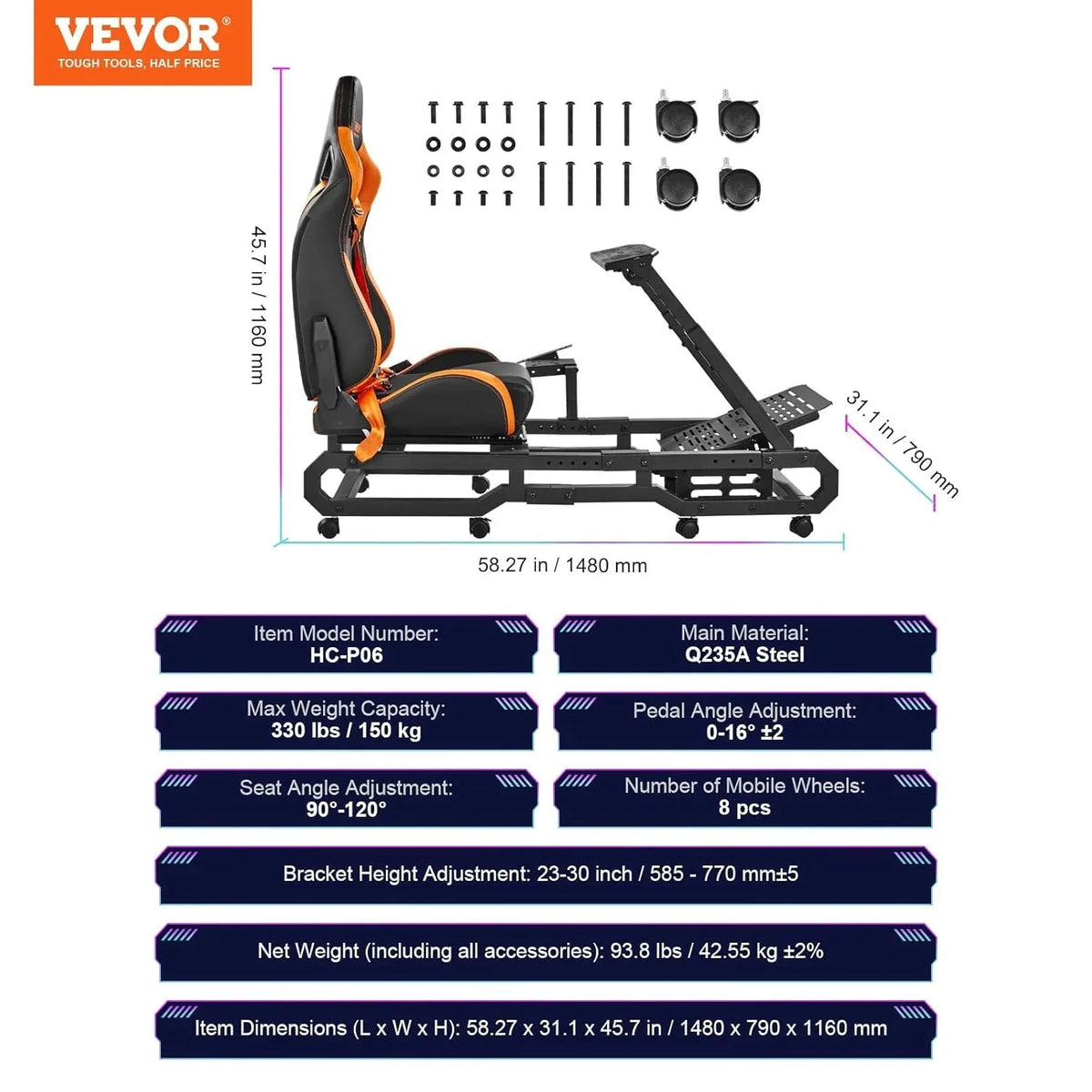 Soporte para Volante de Carreras VEVOR con Ruedas para Logitech G923/G920/G29, Cabina de simulador de conducción de Acero Resistente, Thrustmaster
