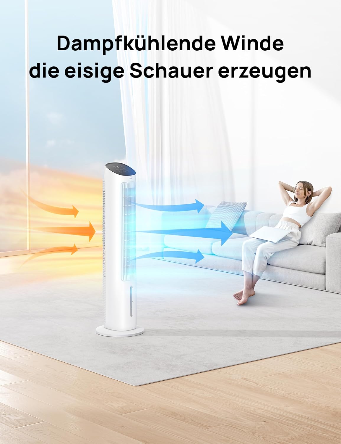 DREO Turmventilator mit Kühlung leise, Ventilator mit Wasserkühlung, 102 cm Luftkühler, Verdunstungskühler mit 80° Schwenkfunktion, 3 Modi, 4