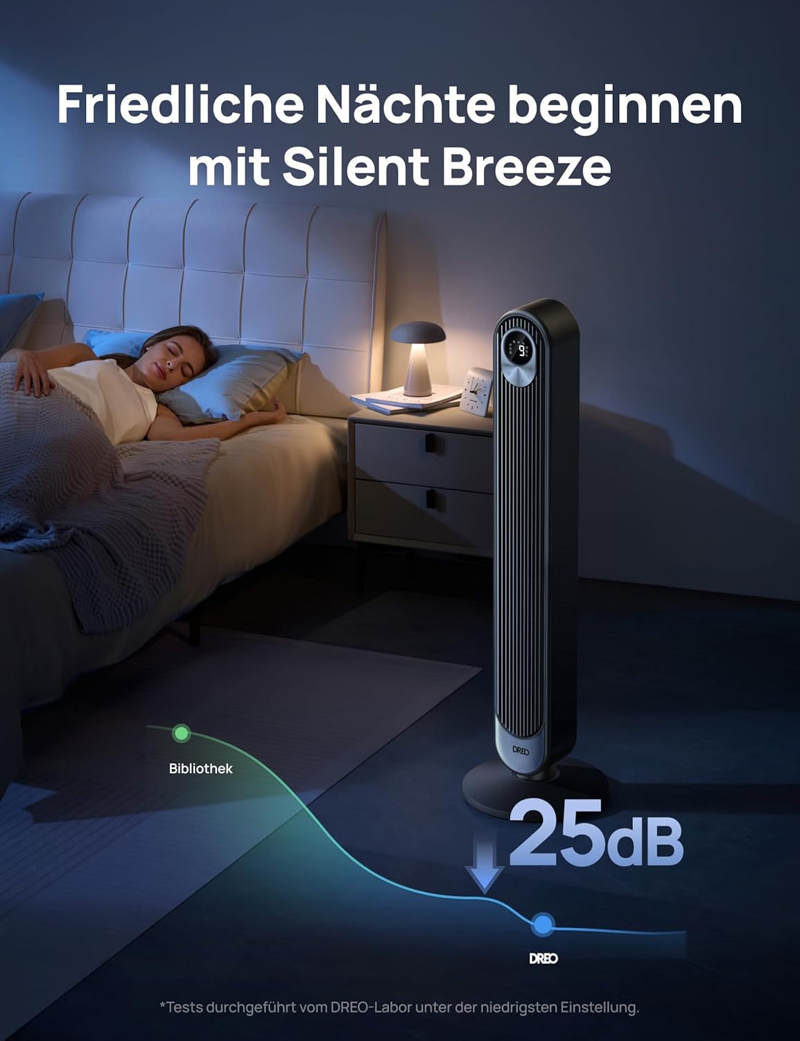 Dreo Smart 20dB DC Motor Turmventilator Leiser, 11M Windentfernung Ventilator mit Fernbedienung,9 Stufen 4 Modi, 90° Oszillierender Standventilator