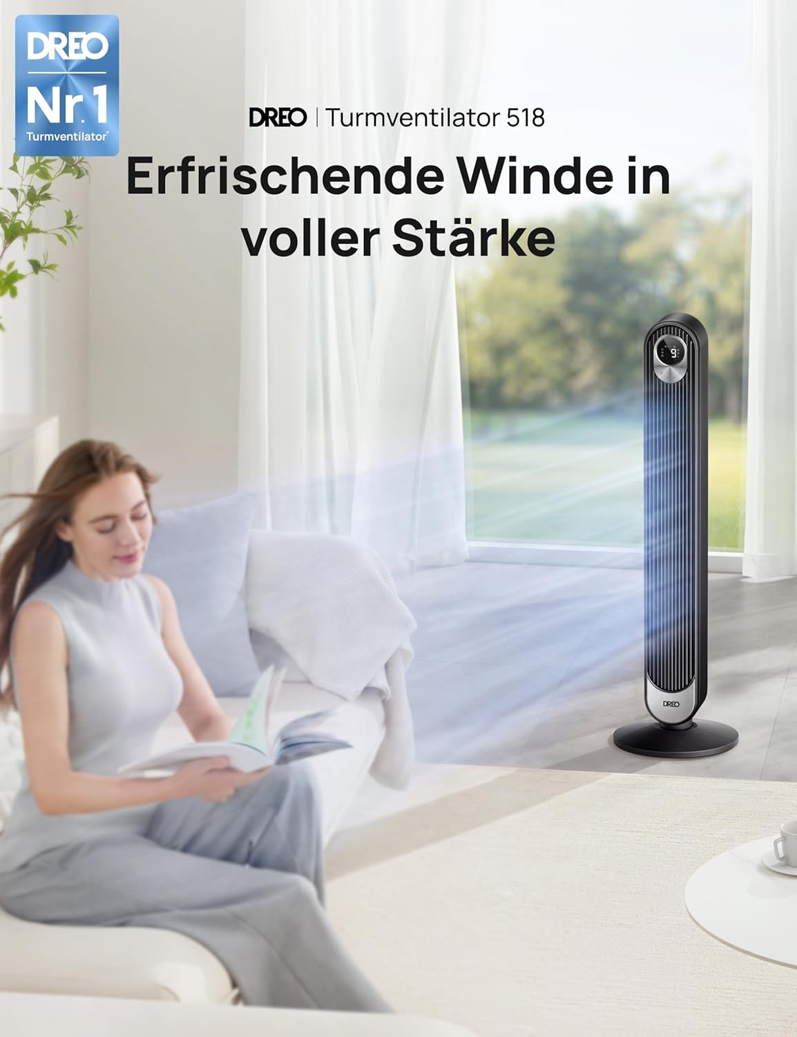 DREO DC Motor Turmventilator Leiser, 11M Windentfernung Ventilator mit Kühlung Fernbedienung, 9 Stufen 4 Modi, 90° Oszillierender Stand Ventilatoren