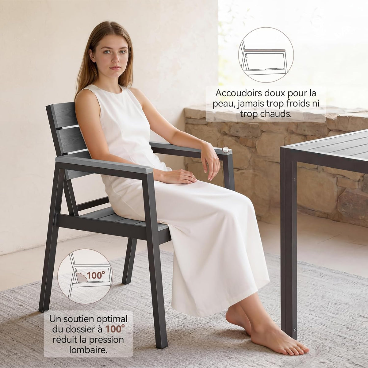 Devoko HDPS Conjunto de jardín de exterior de 7 piezas, resistente a la intemperie,con mesa de 150 cm y 6 sillas de jardín de exterior de aluminio,