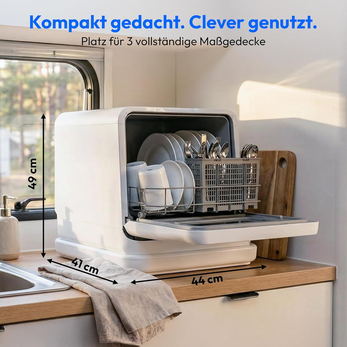 MEDION Mini Geschirrspüler DWT30, 3 Maßgedecke, Tischgeschirrspüler, funktioniert mit/ohne Wasseranschluss, 6 Programme, UV-Licht, Lüfter-Trocknung,