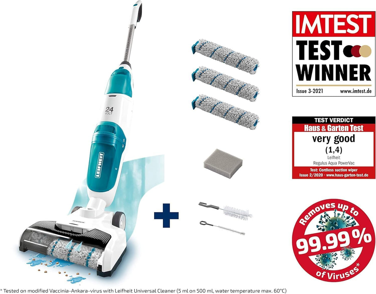 Leifheit Set Akku Saugwischer Regulus Aqua PowerVac inkl. Zubehör, saugen und wischen, Leichter Nasssauger mit leistungsstarken 24V, kabelloser