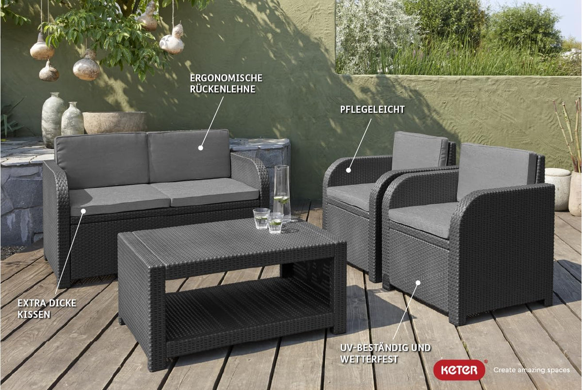 Allibert by Keter Modena Gartenmöbel Set aus Kunststoff, inkl. Sitzkissen, grau, 4-teilig, 2 Sessel, Sofa & Tisch, für Garten, Balkon & Terrasse,