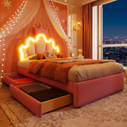 View Kinderbett Polsterbett 90x200, Kronenförmiges Prinzessinnenbett, Einzelbett mit LED und 2 Schubladen, Bettgestell für Mädchen, mit Verstellbares image 5