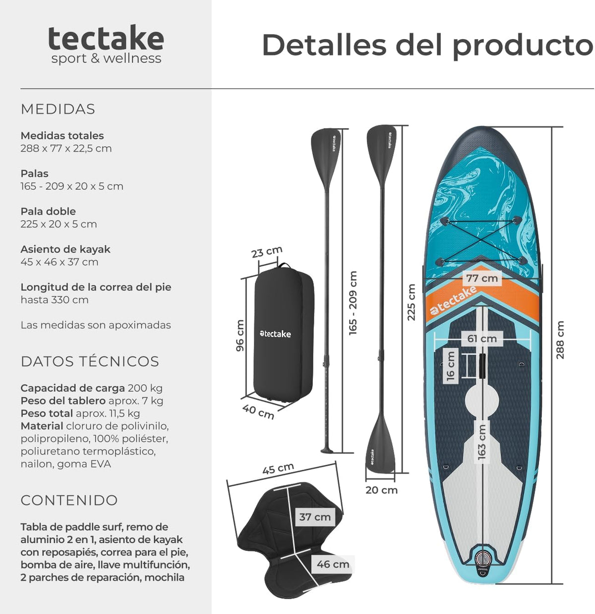 tectake Tabla de Paddle Surf Hinchable, Incluye Remo 2 en 1, Asiento de Kayak, Bomba de Aire, Mochila de Transporte, Stand Up Paddle, Accesorios