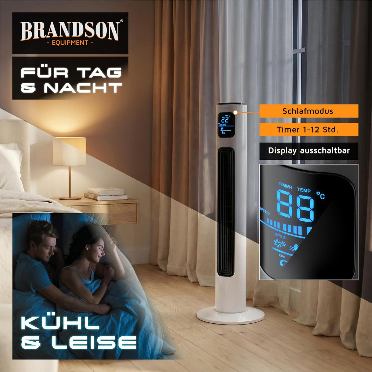 Brandson - Turmventilator mit Fernbedienung 96 cm - Preisträger 2026 - mobiler Lüfter leise - Standventilator mit Oszilation - 3 Geschwindigkeiten 3