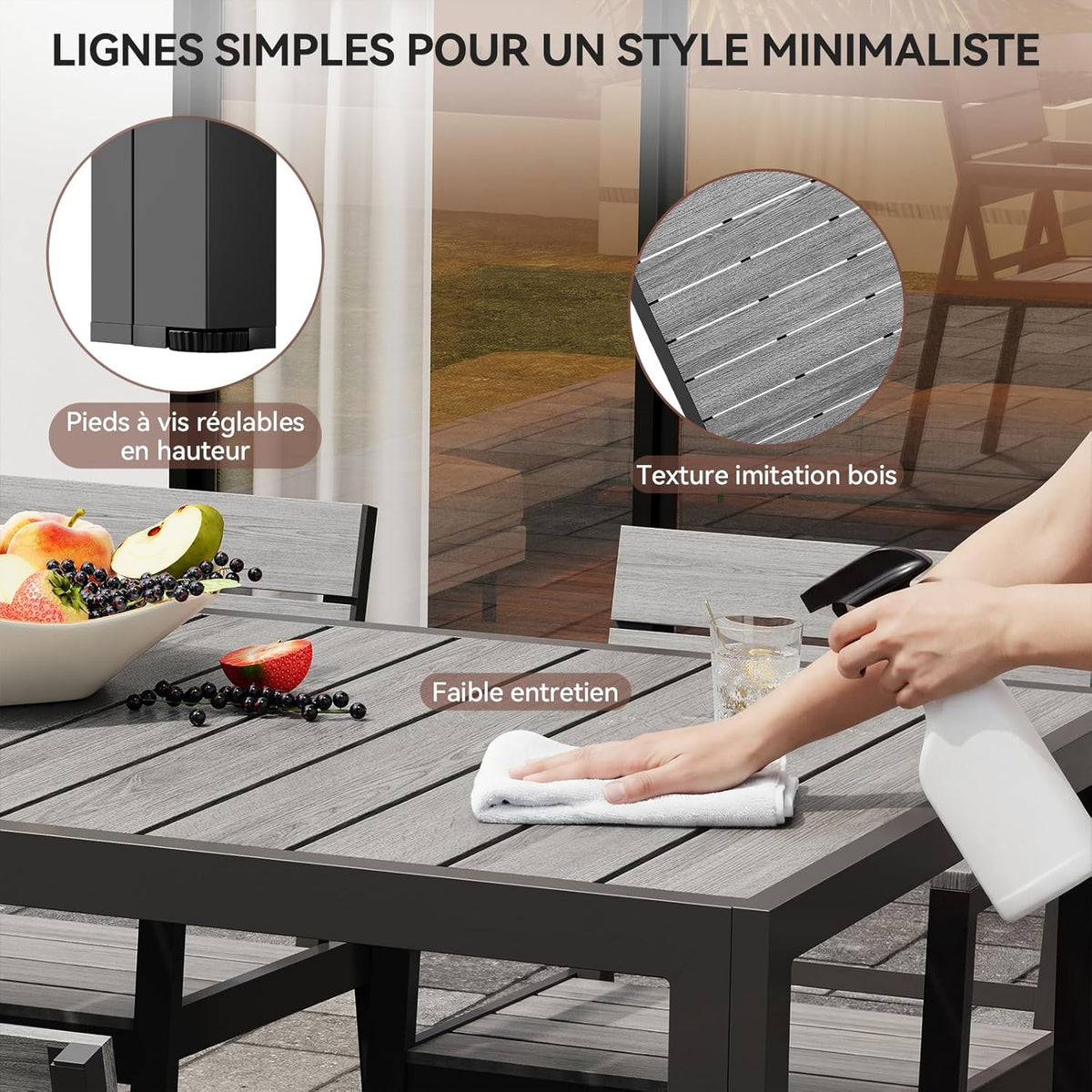 Devoko HDPS Conjunto de jardín de exterior de 7 piezas, resistente a la intemperie,con mesa de 150 cm y 6 sillas de jardín de exterior de aluminio,