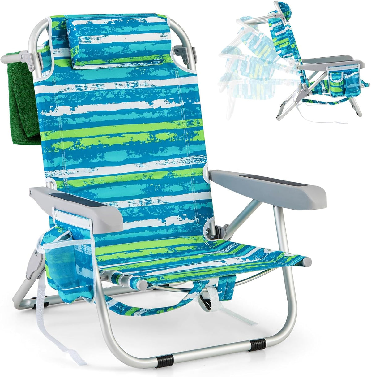 COSTWAY Silla Plegable de Playa, Tumbona con 5 Posiciones, Portavasos, Bolsillos de Almacenamiento, Correas de Hombro, Soporte para Toallas, Almohada,
