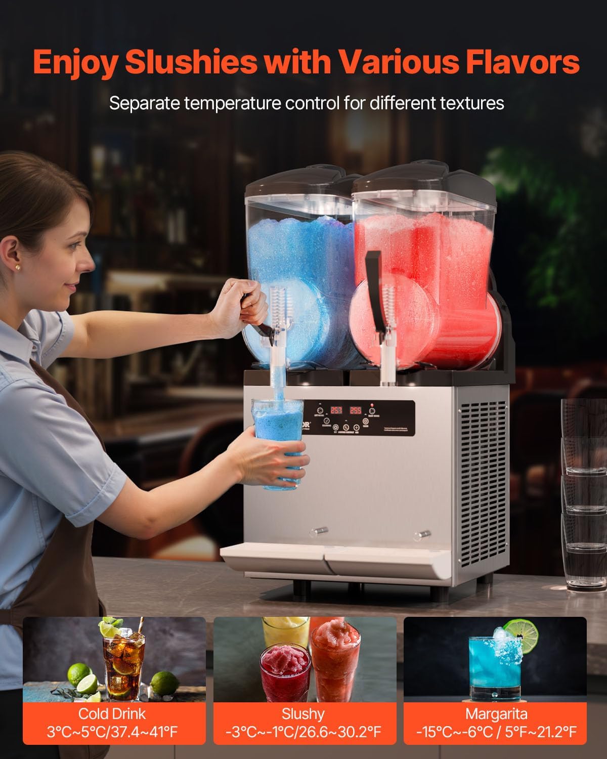 VEVOR kommerzielle Slusheis Maschine 12 L x 2 Doppeltank-Maschine für gefrorene Getränke, 96 Tassen Edelstahl Slush-Eis-Maschine mit Tastenfeld