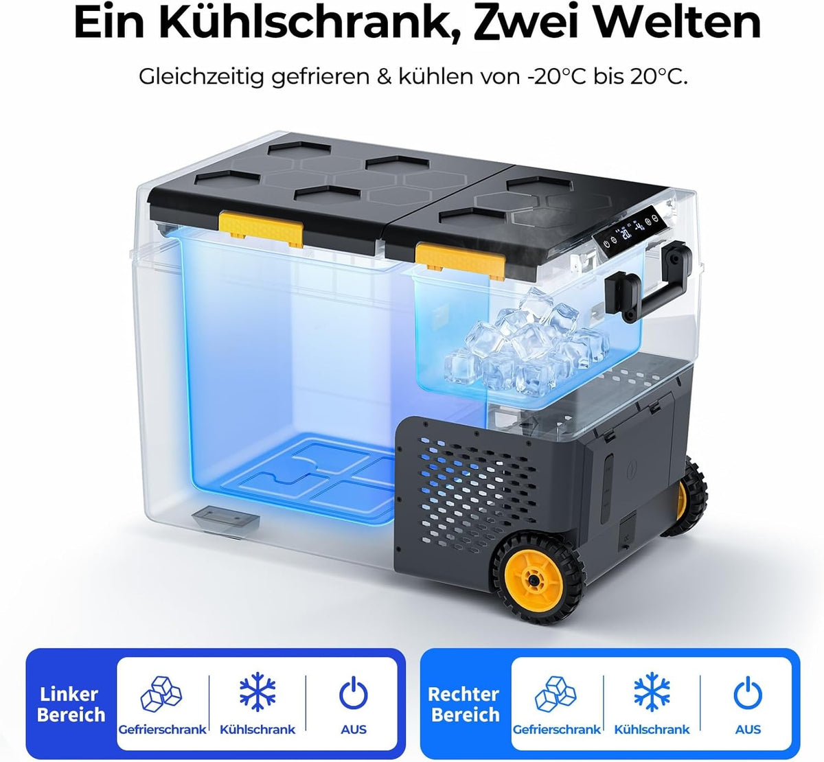 BougeRV CRD2 V2.0 Kompressor Kühlbox 49L mit Gefrierfach Doppeltür Dualzonen Kühlbox Auto mit Rollen & Griff 12V/24V 230V Camping Kühlschrank