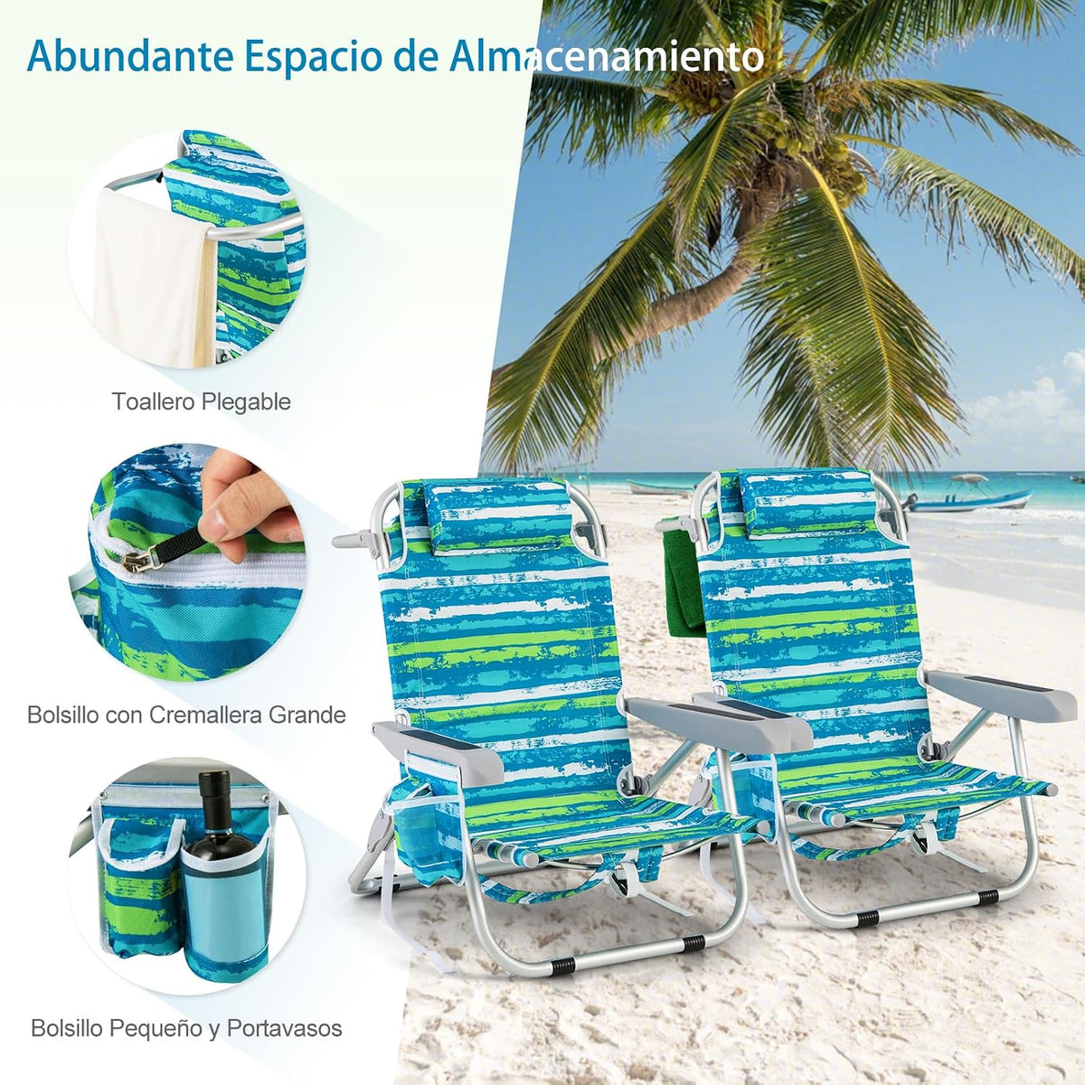COSTWAY Silla Plegable de Playa, Tumbona con 5 Posiciones, Portavasos, Bolsillos de Almacenamiento, Correas de Hombro, Soporte para Toallas, Almohada,