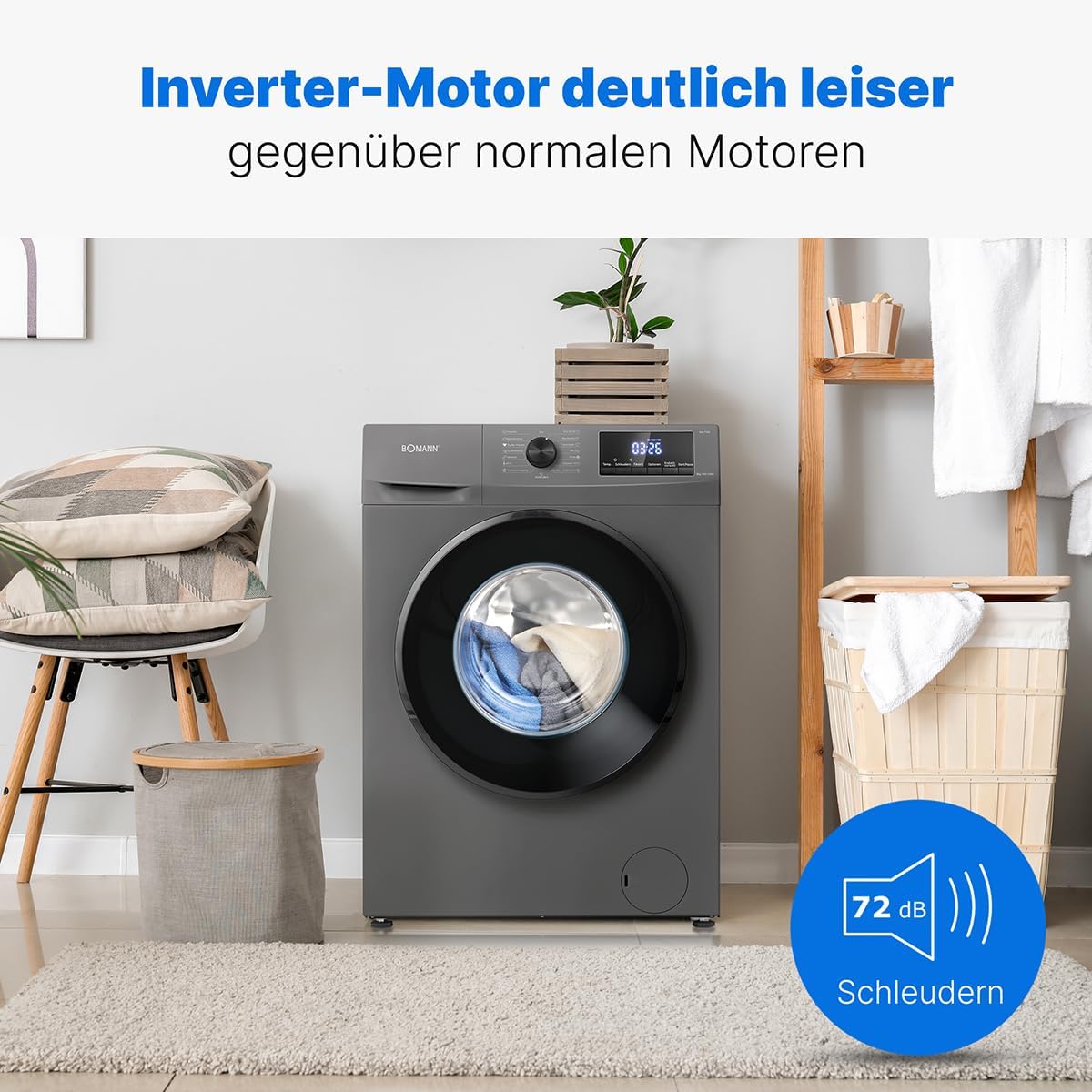 Bomann Waschmaschine 8kg | max. 1400 U/min | 10 Jahre Motor-Garantie | robuster, leiser & langlebiger Invertermotor | 15 Waschprogramme | LED-Display