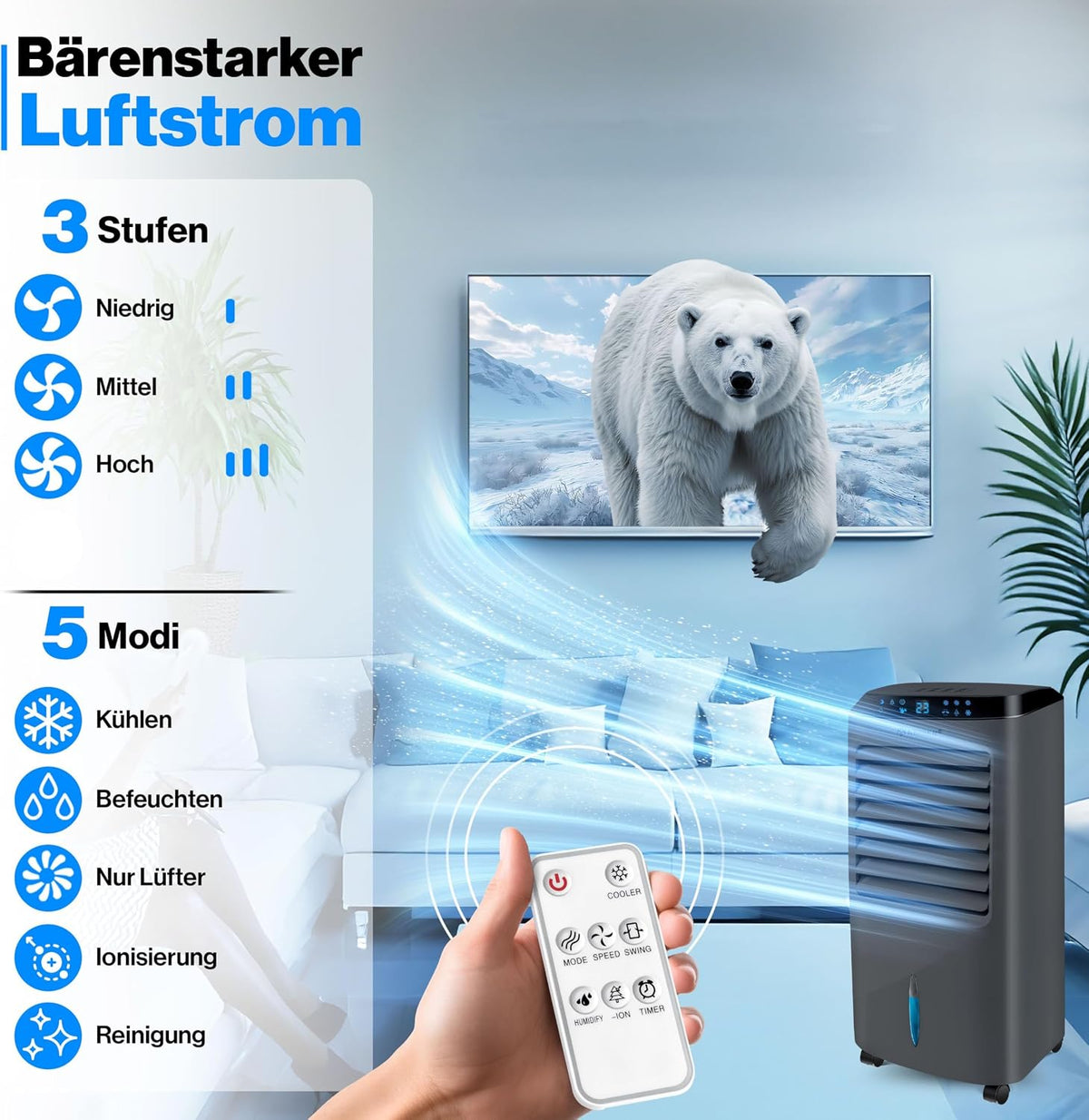KESSER Mobile Klimaanlage 4in1 Luftkühler – Air Cooler mit Fernbedienung & Timer, 10L Wassertank, Ionisator & Luftbefeuchter, Ventilator Klimagerät