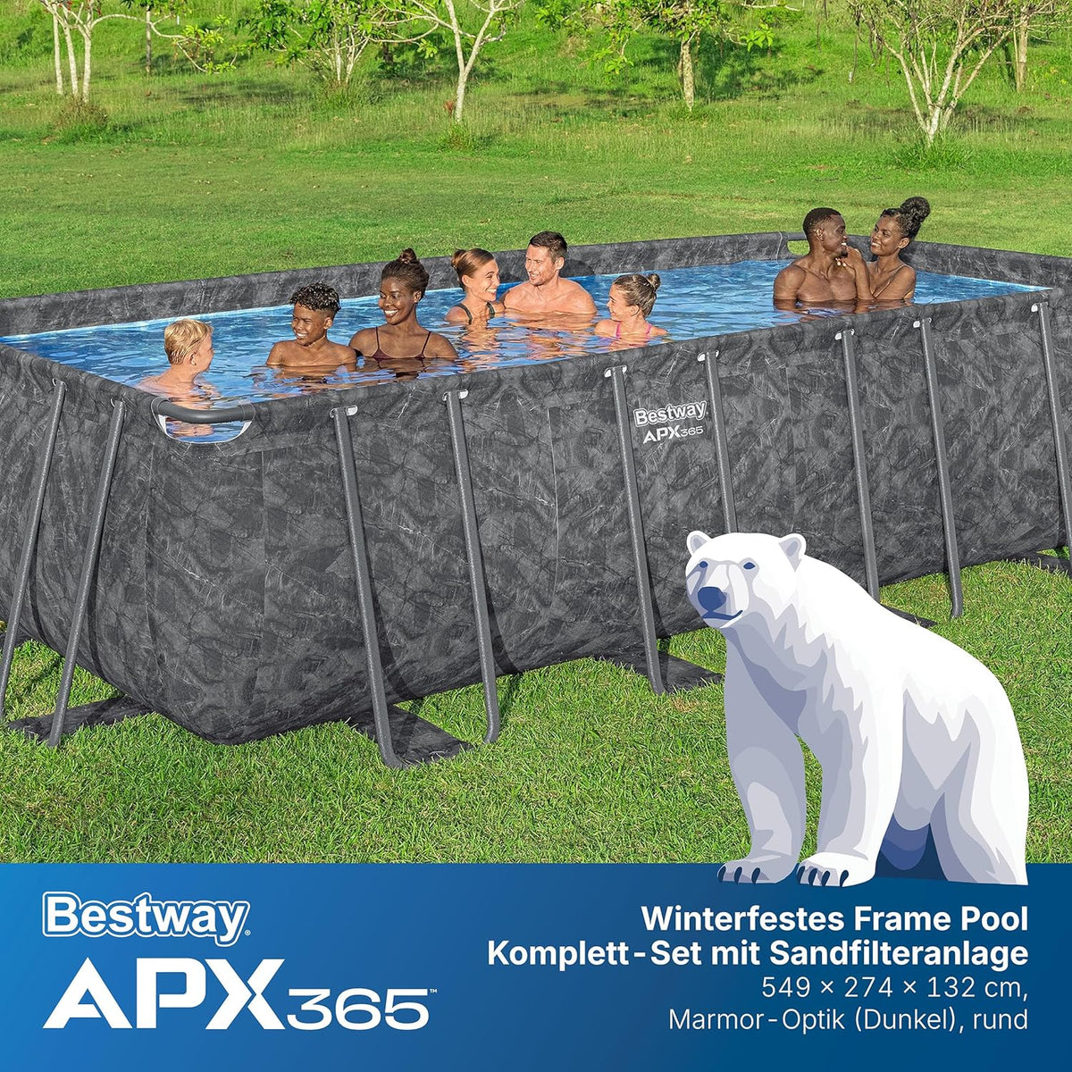 Bestway APX365 Winterfestes Frame Pool Set, Sandfilteranlage, 549 x 274 x 132 cm, 16.477 L, Stahlrahmen, Polar-Shield, Dunkle Marmor-Optik,
