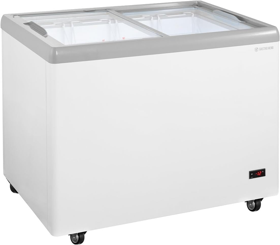 GastroHero Eiscreme Gefriertruhe 284 Liter Tiefkühltruhe LED Beleuchtung Schiebeglasdeckel Rollen Gefrierschrank Gewerbe Eis Truhe Verkauf –18 °C