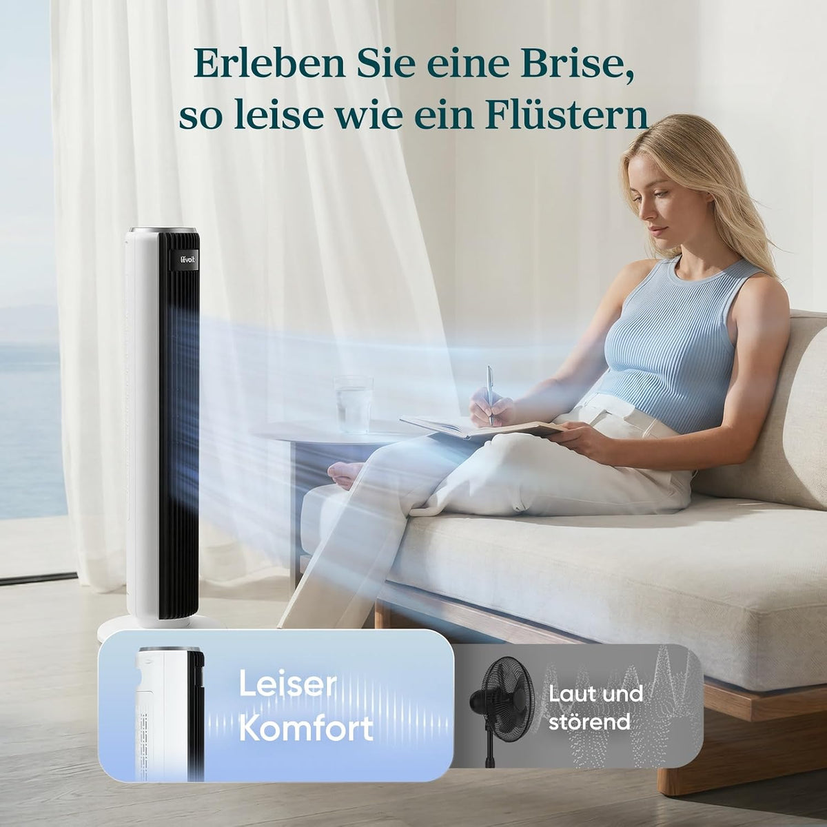 Levoit-Turmventilator mit Fortschrittlichem Schlafmodus-Ventilator leise 12Std Timer 4 Modi 5 Geschwindigkeiten-Automatikbetrieb mit Sensor-