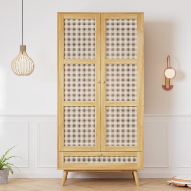 Soweiz Armario con barra, armario de 2 puertas, dormitorio, red de ratán, sala de estar, con tapa inferior abatible, tableros de partículas+ratán de